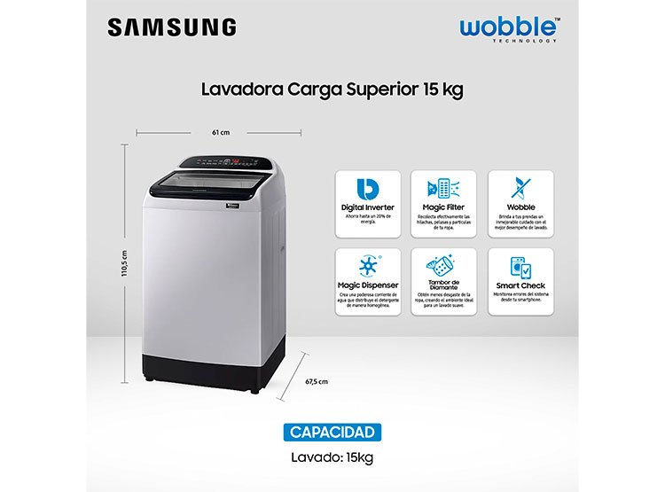 Lavadora Automática 15 Kg Samsung Wa15T5260ByZs Silver 10